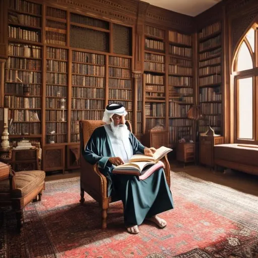 Prompt: An old Arabic man reading a book in a huge home library 