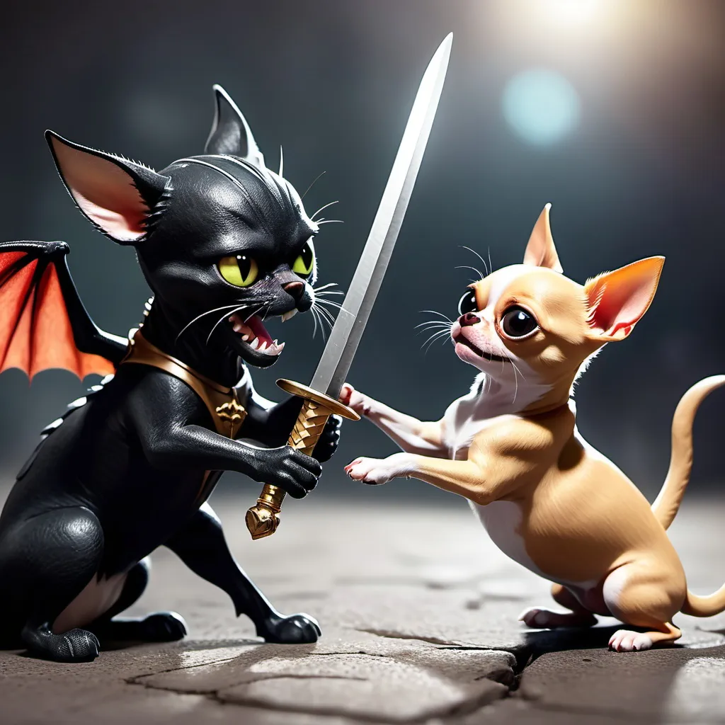 Prompt: epic battle with dragons and sword between a cat and an evil chihuahua.