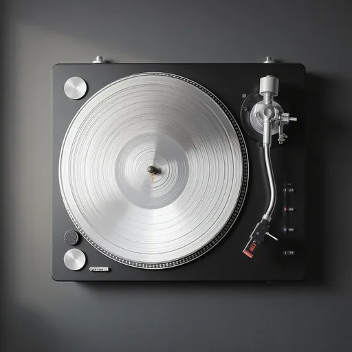 Prompt: A modern, minimalist turntable mounted on a wall, showcasing a sleek and elegant design. The turntable is predominantly black with a large, circular silver platter at the center. The tone arm is metallic with a white counterweight and a white headshell, extending gracefully over the platter. Below the tone arm, there are three small, circular red buttons aligned vertically on the right side of the turntable. The background is dark, providing a stark contrast that highlights the turntable's modern and sophisticated appearance. Hyper realistic, Cinematic.