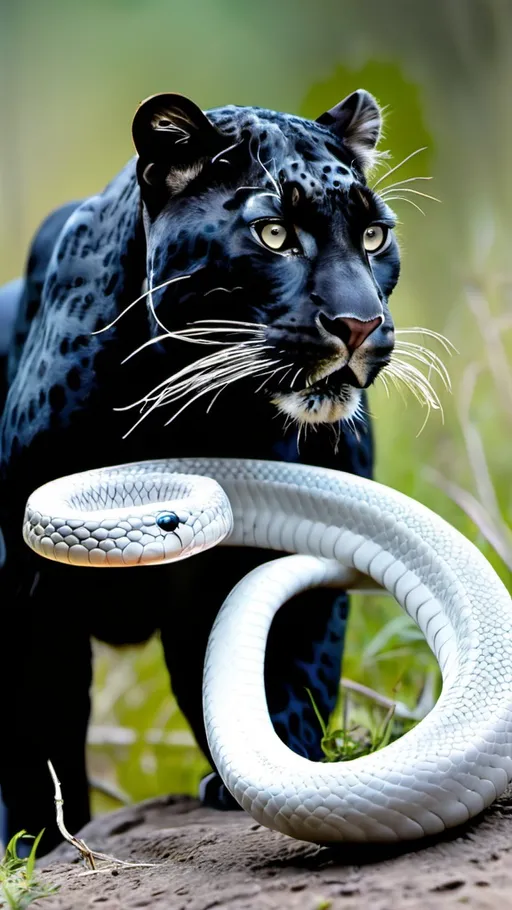 Prompt: Black leopard vs white snake