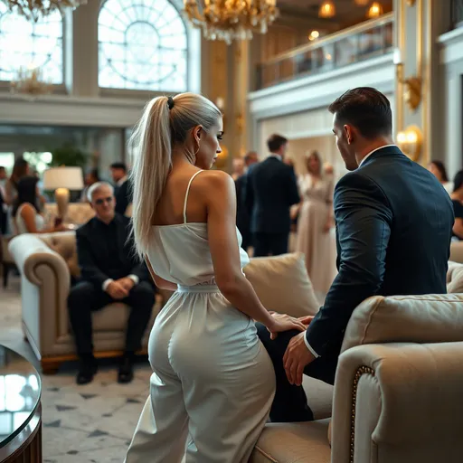 Prompt: A young woman with light, white-blonde ponytail in a white jumpsuit. She sits on the sofa, looking curiously at a slim man in a black suit in the grand luxury living room with many guests. She has bulged wide glutes under the fabric and thick strong thighs.