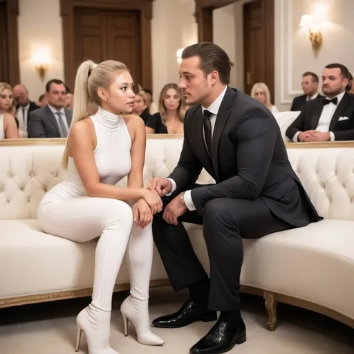 Prompt: A young woman with light, white-blonde ponytail in a white jumpsuit dress. She has bulged wide glutes under the fabric and thick strong thighs. The woman speaks with a slim man in a black suit. They sit on the sofa in the grand luxury living room with many guests.