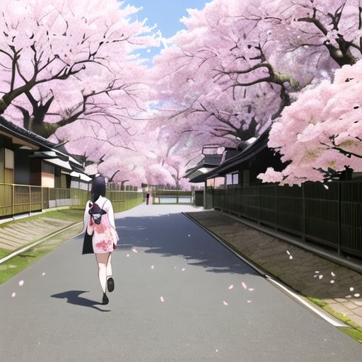 Prompt: A girl walking in Japan with cherry blossom trees 