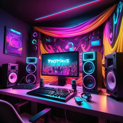 Prompt: photorealistic, (vibrant) color scheme, elaborate scene depicting a streaming setup, dynamic music vibes with colorful LED lights, enthusiasm of an online audience, immersive atmosphere of electronic music culture, (high definition), plush microphone, headphones, computer screen displaying the streaming platform, visual hints of lively electronic music, energetic ambiance.