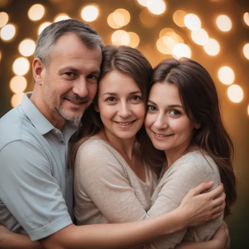 Prompt: Mom and dad huging a daughter family photo, bokeh