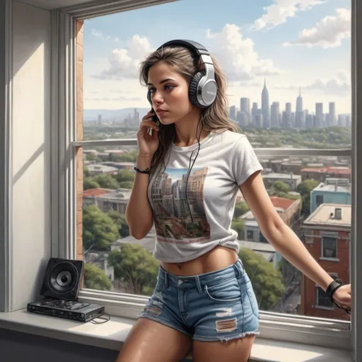 Prompt: hyper realistic, intricate detail, very beautifull woman, with shorts, snickers, tshirt, headphones on head, looking true window to city landscape,