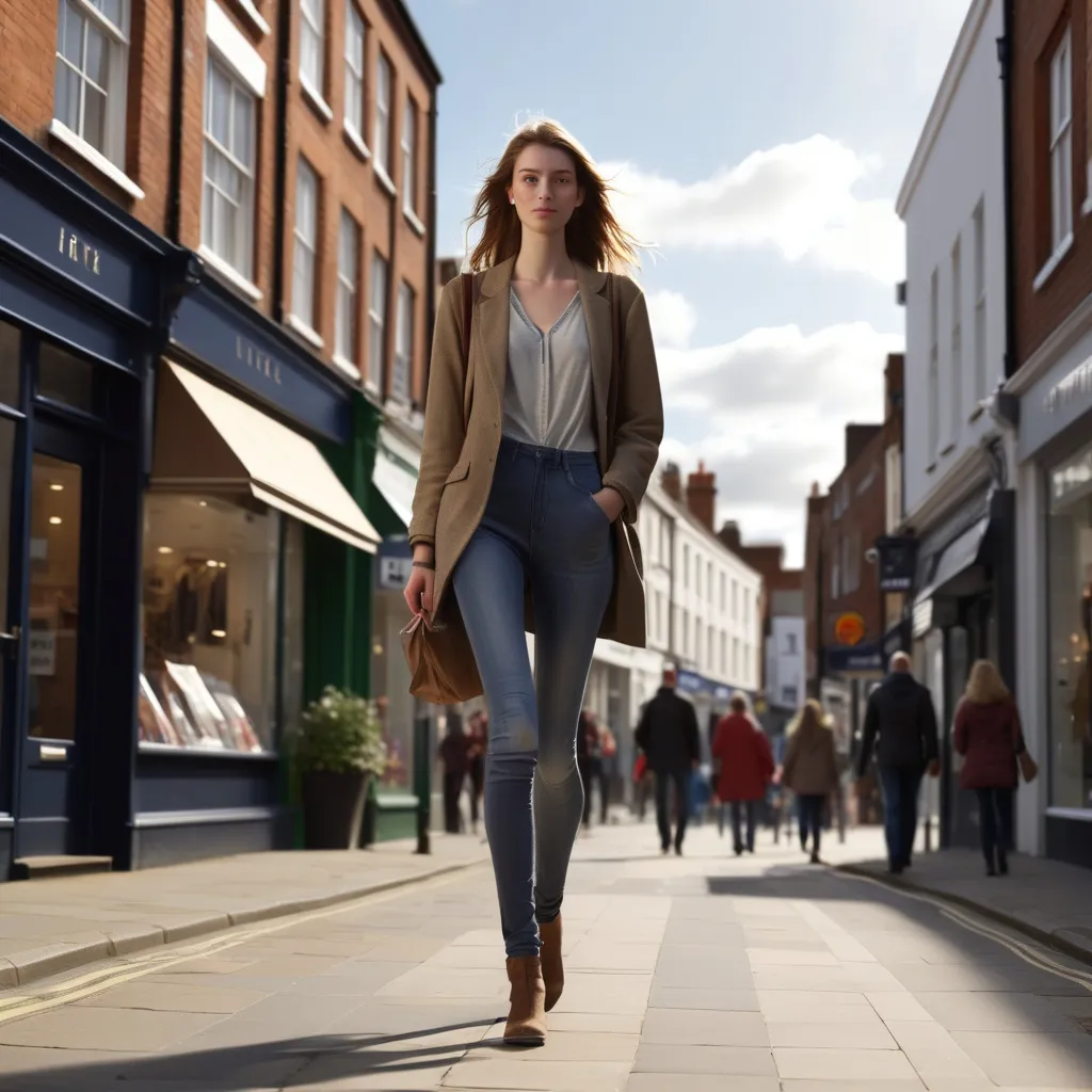 Prompt: Tall young woman walking down the high street, detailed clothing, realistic, natural lighting