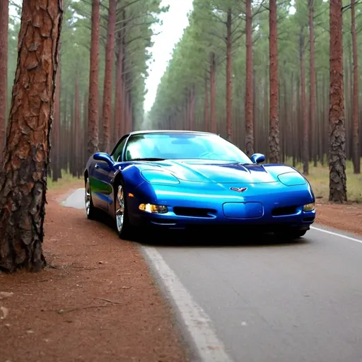 Prompt: make a 2001 corvette c5 on a road in a pine tree forest