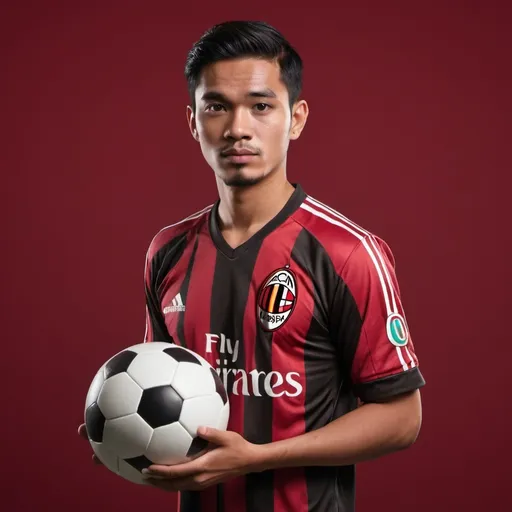 Prompt: 4D character of an Indonesian man, 25 years old, wearing an Ac Milan football jersey, standing upright, holding a ball in his hand, dark red background, full HD