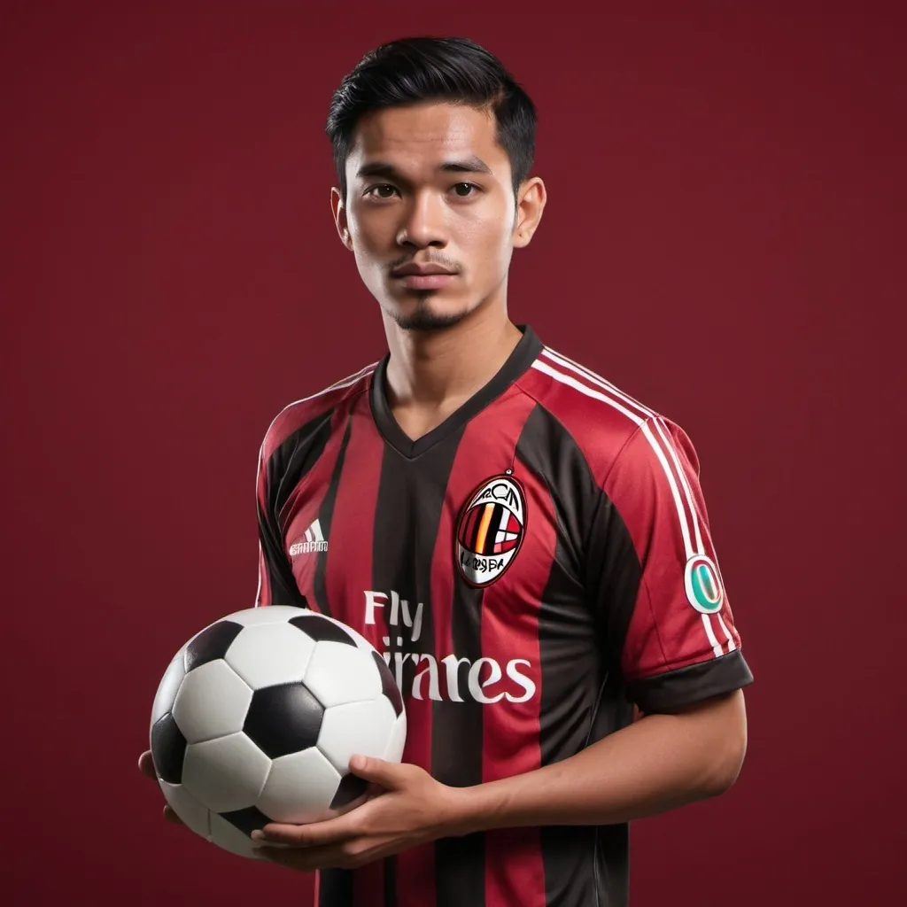 Prompt: 4D character of an Indonesian man, 25 years old, wearing an Ac Milan football jersey, standing upright, holding a ball in his hand, dark red background, full HD