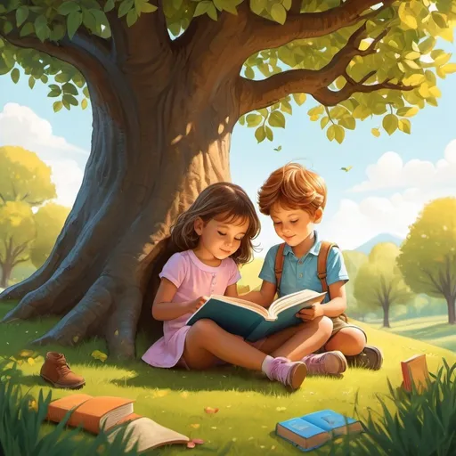 Prompt: draw an illustration of a little girl reading a book under a tree and a little boy exploring the world with a magnifying glass.