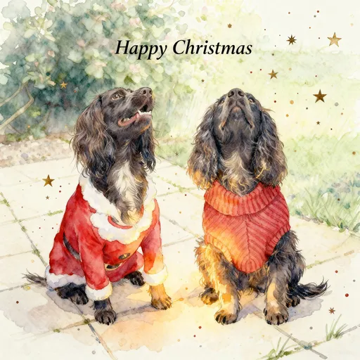 Prompt: create an illustration using the photo in the style of https://www.wrendaledesigns.co.uk/
make it a little bit cuter - not too much. Still refer to https://www.wrendaledesigns.co.uk/ for style
use the original and make it into a christmas card like this one https://www.wrendaledesigns.co.uk/the-office-party-dog-and-cat-christmas-card with a few small stars and specks
create text above that says Happy Christmas




