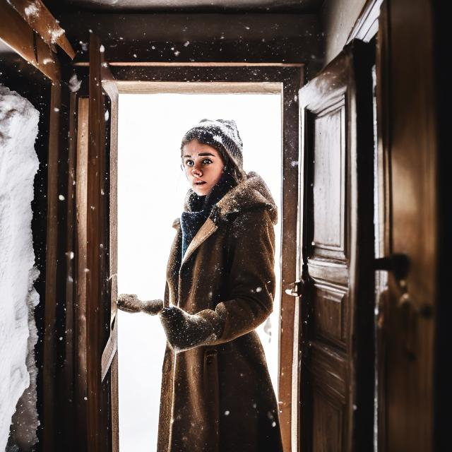 Prompt: A young woman with wheatish skin, medium-light brown hair, and hazel eyes stands in a very old room and opens the door of an old closet. Snow comes out of the closet.A snowstorm comes out of the closet