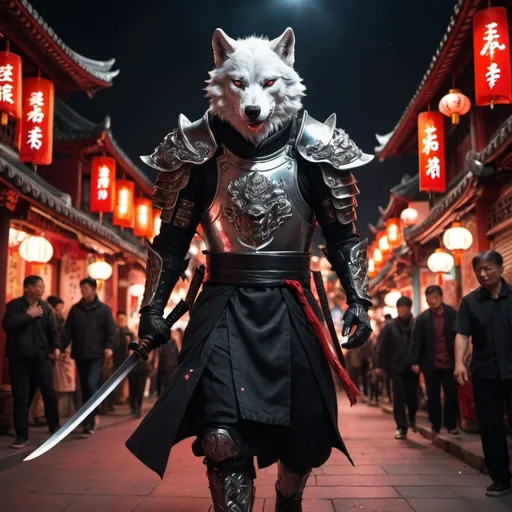 Prompt: A white metallic wolf wearing a black metal armour, black gloves walking in vibrant china town at night, holding a katana with blood, people sees him in shock