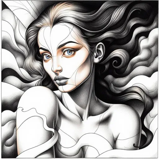 Prompt: Emerging from a tapestry of intricate lines and soft curves, a stylized female figure captivates with her striking features and hauntingly beautiful gaze. Her porcelain skin contrasts against a backdrop filled with abstract shapes, displaying a blend of shadow and light that accentuates her elegantly contoured face and flowing hair. The large, expressive blue eyes draw the viewer in, hinting at a deeper narrative, while a subtle, surreal quality is introduced by an enigmatic profile lurking in the background. The overall composition dances between realism and abstraction, employing a muted color palette dominated by blacks and whites, accented with hints of color that enhance the figure's ethereal presence. This artwork evokes a sense of mystery and allure, inviting interpretation and reflection.