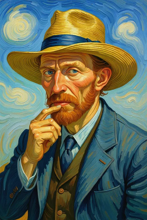 Prompt: Un ritratto stilizzato di van Gogh  sulla sessantina, con lunghi capelli rossi e una folta barba dello stesso colore. Indossa un cappello giallo paglierino con una tesa ampia, e un completo blu scuro con risvolti e bottoni ben definiti, sopra una camicia bianca con un fiocco nero. L'uomo è in posa meditativa, con una mano appoggiata al mento e l'altra visibile parzialmente, con la pelle screpolata e il volto segnato dalle rughe. Lo sguardo è diretto verso l'osservatore con occhi azzurri, esprimendo malinconia. Lo sfondo è un vortice di pennellate blu e bianche che simulano il cielo, con una texture evidente. Lo stile pittorico richiama quello di Van Gogh, con forti contrasti di colore e pennellate marcate, dando all'opera un aspetto vivido e dinamico. L'illuminazione è diffusa, accentuando i dettagli del volto e dei vestiti, creando un'atmosfera intensa e riflessiva. Composizione ravvicinata, dettagliata, e profondamente espressiva. --ar 2:3 --style expressive --v 5