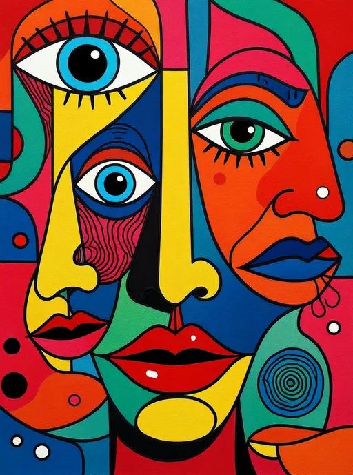 Prompt: Un'opera d'arte astratta e vibrante, composizione di molteplici volti geometrici stilizzati sovrapposti, ognuno caratterizzato da colori intensi e contrastanti. Il volto centrale, dominante, presenta un naso giallo allungato, labbra rosse carnose e un occhio azzurro intenso, circondato da dettagli rossi con venature. A lato, una forma di volto parziale con un occhio verde e sopracciglia marcate, creando un'interazione visiva complessa. Il contrasto cromatico è forte, con prevalenza di rosso, giallo, blu, verde e nero, delimitati da spessi contorni neri che definiscono le forme. Gli occhi, elementi ricorrenti, sono resi in stili diversi, alcuni con spirali al centro, altri con dettagli radiali. L'opera evoca un senso di dinamismo e complessità, con forme astratte che ricordano il cubismo e l'arte moderna, in stile iconografico, arte grafica, arte di strada --ar 1:1 --q 2 --style expressive --v 5
