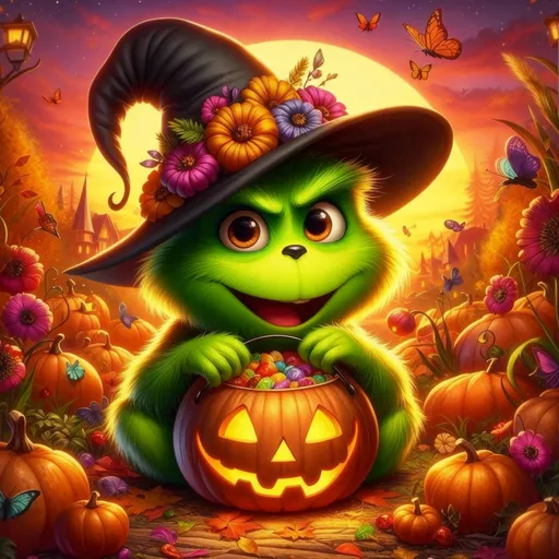Prompt: Grinch, cartoonesco,  un cappello da strega nero ornato da fiori colorati, tra cui arancioni, rosa e viola, seduto tra zucche di Halloween. Il mostro sorride, rivelando una bocca felice, e tiene un secchio di zucca illuminato con un'espressione scolpita, pieno di caramelle colorate. Lo sfondo è un paesaggio autunnale con una luna piena, alberi, farfalle variopinte e una fila di case con tetti a punta. L'illuminazione è calda, con tonalità arancioni e gialle che suggeriscono il tramonto o l'alba. Lo stile è cartoonesco e festoso, ricco di dettagli e con un'atmosfera magica e allegra. Le farfalle volano nell'aria, aggiungendo un tocco di movimento e fantasia alla scena. --ar 1:1 --q 2 --s 750