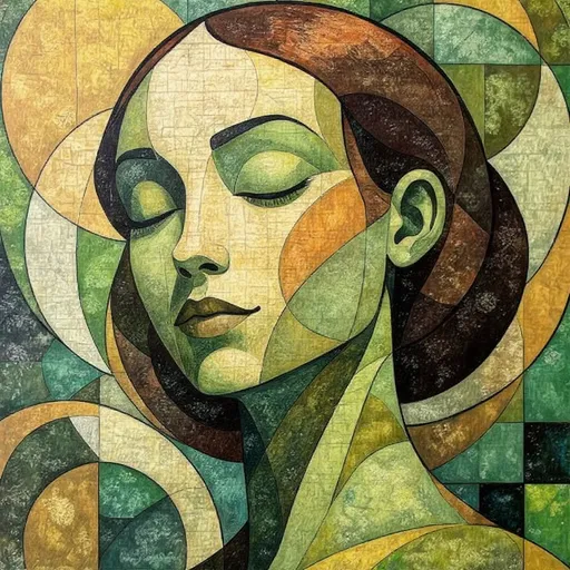 Prompt: Ritratto a olio di una donna con gli occhi chiusi, forme e linee geometriche, toni terrosi di verde, marrone e beige, tela testurizzata, stile cubista, luce ambientale soffusa, angolo di 45 gradi, primo piano medio, pennellate visibili, finitura opaca, tavolozza di colori caldi, atmosfera serena, stile artistico di Picasso che incontra Klimt, alta risoluzione, post-elaborazione con sottile miglioramento del colore, messa a fuoco in primo piano sui tratti del viso, sfondo con motivi geometrici astratti, ambiente studio interno]