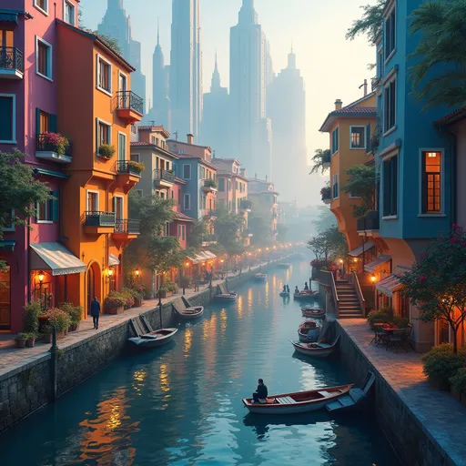 Prompt: Bathed in a surreal glow, a vibrant urban landscape unfolds along a serene canal flanked by colorful, multi-storied buildings, each adorned with warm-lit windows that hint at life within. Towering skyscrapers rise in the background, their angular forms merging into a soft mist that blankets the city, creating a dreamlike atmosphere. A winding staircase spirals gracefully through the scene, guiding shadows of pedestrians as they stroll leisurely along the waterfront, while small boats rest quietly in the water, reflecting the rich colors of the surroundings. The composition’s interplay of light and shadow enhances the whimsy, evoking a sense of wonder and exploration in this imaginative fusion of modernity and charm.