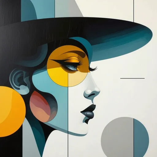 Prompt: Bold geometric forms converge in a striking profile of a figure adorned with a wide-brimmed hat, capturing a sense of modern abstraction. The face, painted in a palette of turquoise, yellow, and earthy tones, displays exaggerated features such as large, almond-shaped eyes and distinct contours that evoke both intrigue and curiosity. Background elements, including swirling patterns and circular forms, enhance the dynamic composition, while the use of contrasting colors brings depth and vibrancy to the artwork. This piece exudes a contemporary aesthetic, inviting the viewer to explore its layered meanings and emotional resonance within the playful interplay of shapes and hues.