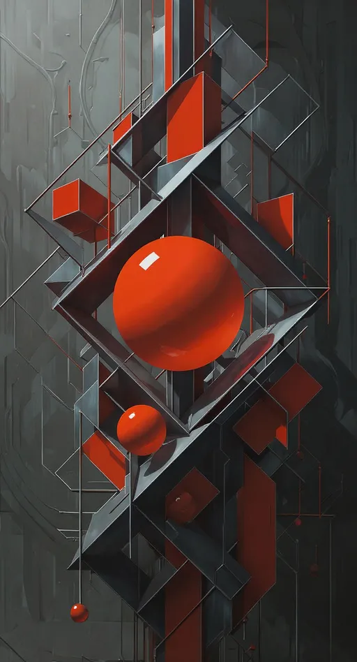 Prompt: Struttura architettonica astratta, imponente e complessa, in stile art deco futurista.  Composizione verticale dominata da forme geometriche, come cubi, parallelepipedi e sfere, in tonalità di rosso vivo, grigio scuro e nero.  Sfere rosse lucide e voluminose sospese in un intricato scheletro metallico.  Le forme geometriche si intersecano e si sovrappongono creando una struttura complessa, con ombre profonde e riflessi che evidenziano la tridimensionalità.  Il colore rosso è intenso e vibrante, mentre il grigio e il nero contribuiscono a un'atmosfera misteriosa e tecnologica.  La composizione suggerisce un'inquietudine e una complessità.  Il punto di vista è frontale e leggermente inclinato verso l'alto, enfatizzando la grandezza della costruzione astratta. Texture di metallo e smalto riflettente sono evidenti.  Pareti e elementi architettonici non sono reali, sono forme geometriche in un paesaggio indefinito.  Atmosfera enigmatica e futurista, con un'aura di mistero e complessità tecnologica.  Stile geometrico astratto, altamente dettagliato, con rendering preciso di luci e ombre.  8k resolution,  --ar 16:9 --v 5