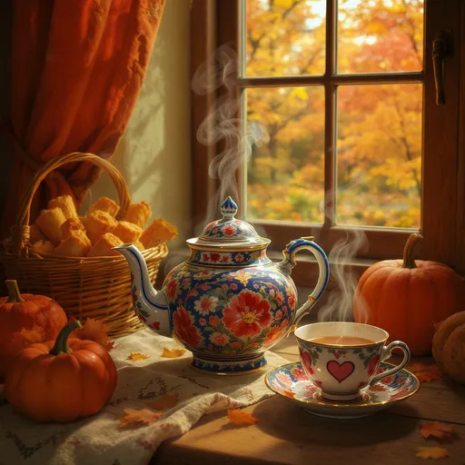 Prompt: A cozy autumn scene unfolds with a beautifully ornate teapot adorned in vibrant blues, reds, and floral designs, sitting prominently on a wooden surface. Wisps of steam rise from the teapot, merging with the warm color palette of the surroundings, which includes a cupped teacup resting on a matching saucer, its surface accented with heart motifs. Nearby, a basket brimming with rolled pastries complements a plump pumpkin, while a window reveals a picturesque view of trees adorned in fiery fall foliage. The atmosphere is enriched by softly diffused light filtering through the window, immersing the setting in a serene and inviting mood, perfect for a leisurely moment of tea.