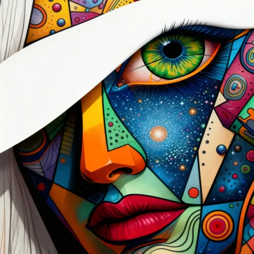 Prompt: Un primo piano vibrante di un volto femminile stilizzato, composto da elementi colorati e geometrici. L'occhio, il fulcro dell'immagine, è di un verde smeraldo intenso, circondato da ciglia blu scuro e delineato da dettagli arancioni e gialli. Il volto è parzialmente coperto da una palpebra bianca e delicata che crea un contrasto netto con i colori vivaci circostanti. Lo sfondo dietro l'occhio è un universo in miniatura, con stelle scintillanti e una galassia blu scuro. Il naso è composto da forme e colori arancioni, e le labbra, di un rosso carminio intenso, sono definite da contorni scuri. Il volto è diviso in sezioni con motivi geometrici, cerchi, linee e forme organiche, che si fondono creando un'estetica psichedelica e surreale. L'illuminazione è uniforme, con ombre minime, accentuando i colori brillanti. Stile dell'arte: Pop Art, astratto, psichedelico, vibrante, ultra dettagliato, illustrazione digitale. --ar 1:2 --q 2 --s 750
