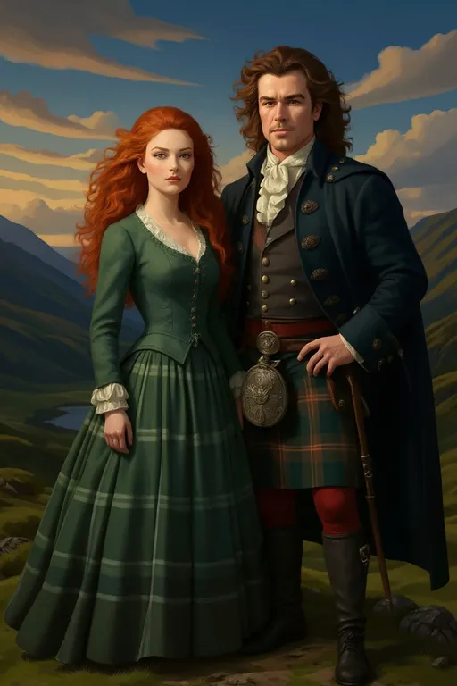 Prompt: Illustrazione in stile cartoon fantastico di una coppia in abiti storici scozzesi, ispirata all’epoca del XVIII secolo. Colori intensi e vibranti, con forte contrasto di chiaroscuro. Linee morbide ma decise, atmosfera epica e romantica, sfondo paesaggio montuoso scozzese con cielo drammatico. Stile illustrativo dettagliato, con un tocco di magia e luminosità."