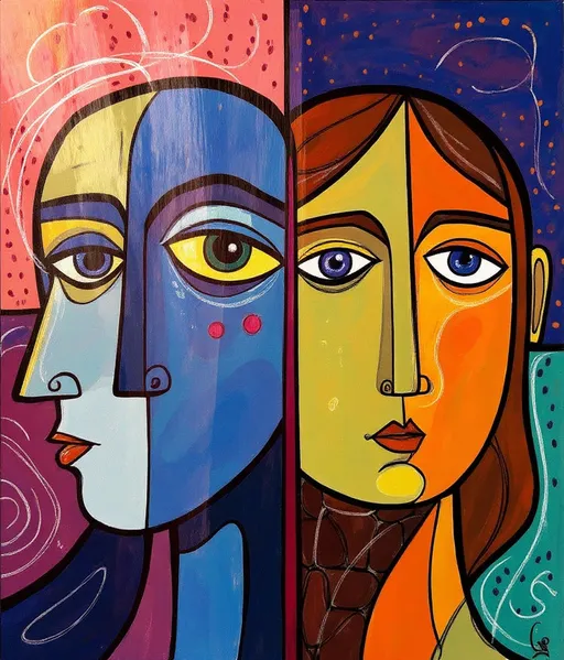 Prompt: Due opere astratte di ritratti fronte-retro, rappresentate in stile cubista e surrealista, fusioni di elementi grafici audaci e forme geometriche. Una figura presenta un volto con metà di un azzurro vivace, delineato da contorni neri spessi, con un occhio giallo ornato da ciglia lunghe, e l'altra metà in arancione con un occhio blu e naso lungo e squadrato. L'altra figura mostra un volto con metà verde pastello, con un naso squadrato e un occhio blu, e l'altra metà in arancione. Lo sfondo è costituito da pennellate di rosso, rosa, giallo e blu, creando una composizione dinamica e colorata. La texture è liscia, con dettagli minimi ma ben definiti, che accentuano le espressioni stilizzate dei volti. I colori sono saturi e contrastanti, con linee nere spesse che definiscono i contorni e le forme. L'atmosfera è vibrante e giocosa, evocando un senso di mistero e interpretazione. Stile di Picasso, Matisse, astratto, moderno, arte concettuale --ar 2:3 --q 2 --s 750