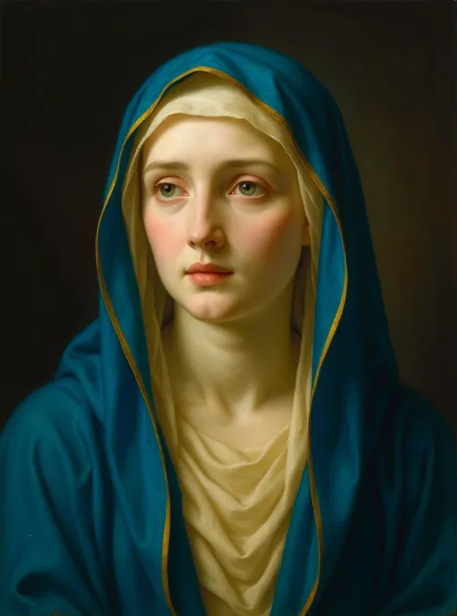 Prompt: Una giovane donna caucasica, oil painting estremo, sui vent'anni, con la pelle chiara e delicata, le guance rosee e gli occhi verdi, guarda verso l'osservatore con espressione riflessiva. Indossa un velo blu cobalto drappeggiato con orlo dorato, che incornicia il suo viso. Sotto il velo blu, indossa una veste color crema, con pieghe morbide. La luce sembra provenire dall'alto, illuminando il viso e creando ombre morbide. Lo sfondo è scuro, con tonalità che sfumano verso il marrone scuro, concentrando l'attenzione sul soggetto. La composizione è ravvicinata, con la figura centrata, e cattura una sensazione di calma e spiritualità. Lo stile ricorda la pittura rinascimentale, con pennellate morbide e dettagliate. L'atmosfera è solenne e contemplativa. Il tessuto sembra essere morbido e di alta qualità, con dettagli minuziosi. --ar 1:1 --q 2 --s 750