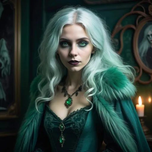 Prompt: Evil hot young adult blond woman, art nouveau style, old haunted mansion, light blue dress, long oversized dark green fur coat, white hair, green ghostly glowing aura, high quality, detailed, art nouveau, eerie lighting, sinister atmosphere