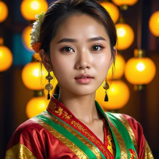 Prompt: hyperdetailed, 8k, HDR, professional, studio lighting, pretty girl, realistic, 25 years old girl, wearing Myanmar dress, beautiful face, perfect anatomy, vivid colors, bokeh, intense gaze, high-quality, portrait, vibrant, glamorous makeup, sleek design, captivating, detailed features, high resolution, studio photography