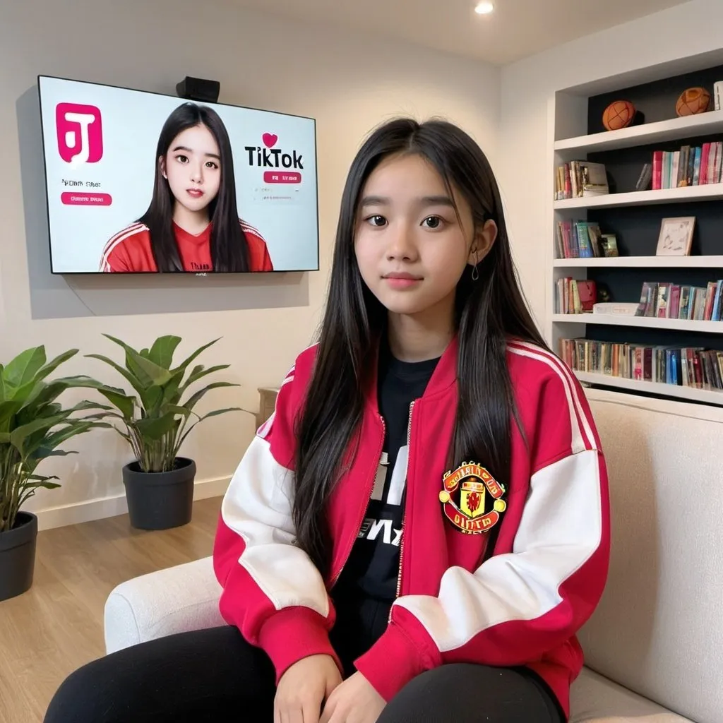 Prompt: a pretty "girl" sitting on a couch in front of a large screen displaying a TikTok profile. The girl is wearing an "Manchester United" jacket and has long, dark hair. The TikTok profile on the screen belongs to “Steven Minn” and displays various statistics including followers and likes. The room appears modern and well-lit, with various items of furniture visible in the background including shelves with books and plants.