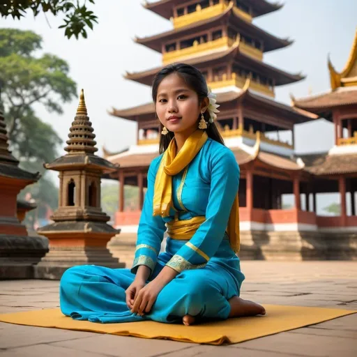 Prompt: a burmese girl wearing a stick sky blue blouse with front flap with long sleeve and sky blue burmese longgyi,sky blue scarf is on her shoulder,knotted hair with one small jasmine flower, golden earring,is sitting on the floor and paying homage to a pagoda. Focus on her reverent posture and the pagoda's grandeur, highlighting the cultural significance and spiritual ambiance. Ideal for showcasing the beauty of religious traditions and cultural practices.