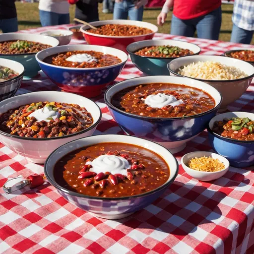 Prompt: Picture of a chili cook off. It should be exciting and energetic, and show multiple different bowls of chili with toppings on a table, with a checkered tablecloth blowing in the wind. it should be a beautiful sunny day
