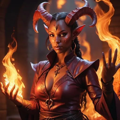 Prompt: hyper-realistic Tiefling character with fire hands, fantasy character art, illustration, dnd, warm tone