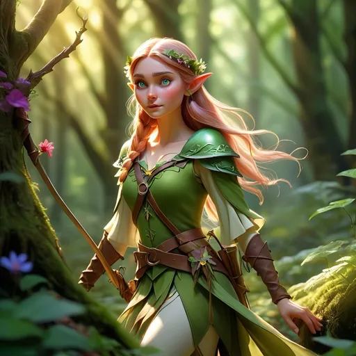 Prompt: Elf ranger in a mystical forest, (ethereal sunlight filtering through trees), vibrant greenery and magical flowers, enchanting atmosphere, whimsical details scattered throughout, crisp shadows casting on the forest floor, serene and tranquil vibe, intricate bow and quiver, flowing attire, ultra-detailed elements, (magical aura), high quality 4K.