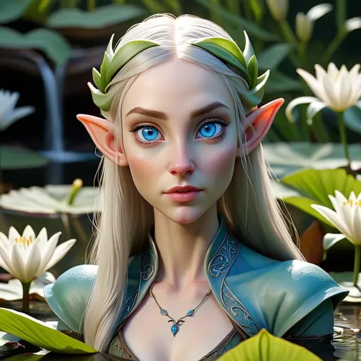 Prompt: Hyper realistic elven female with bright blue eyes standing in a lily pond