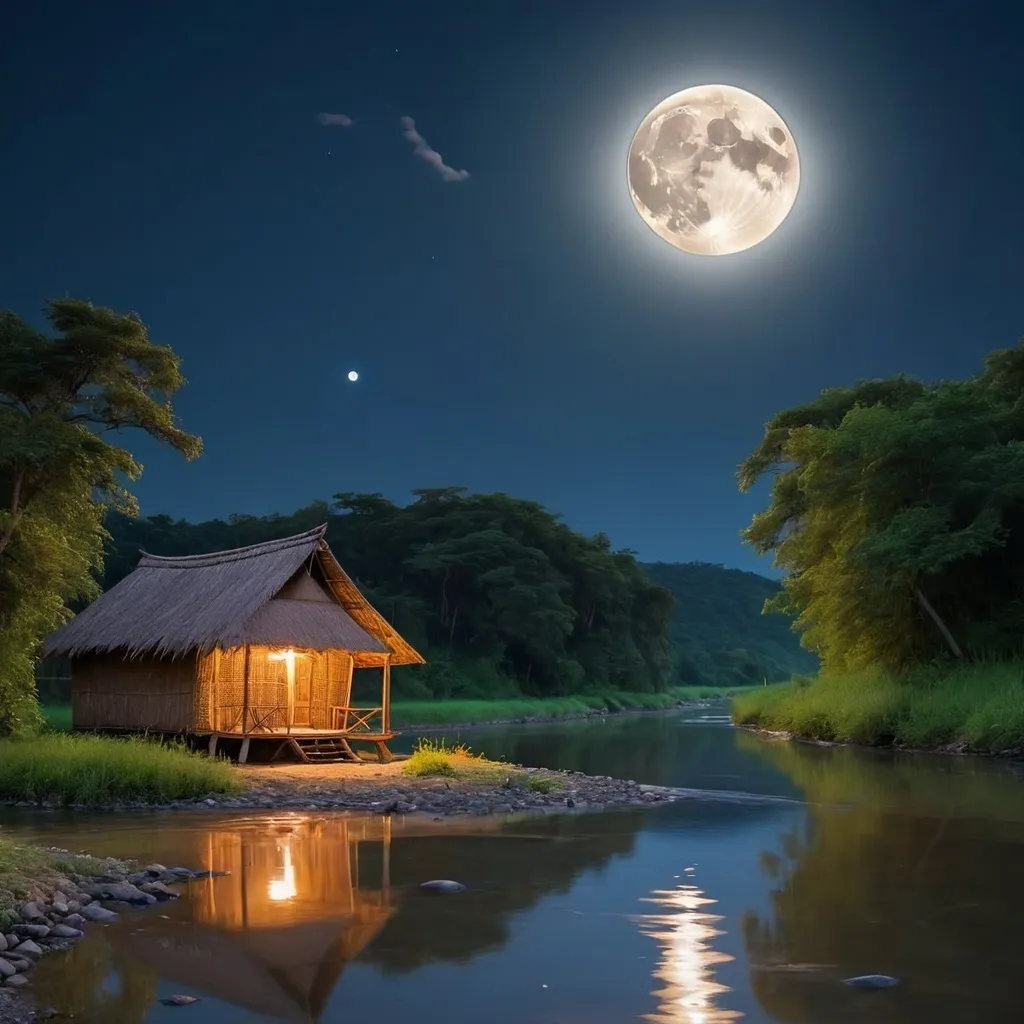 Prompt: River with full moon at night with a hut