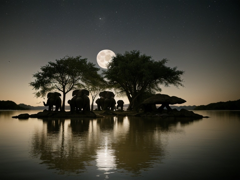 Prompt: Stone temple with elephants in the water and forest at night with full moon