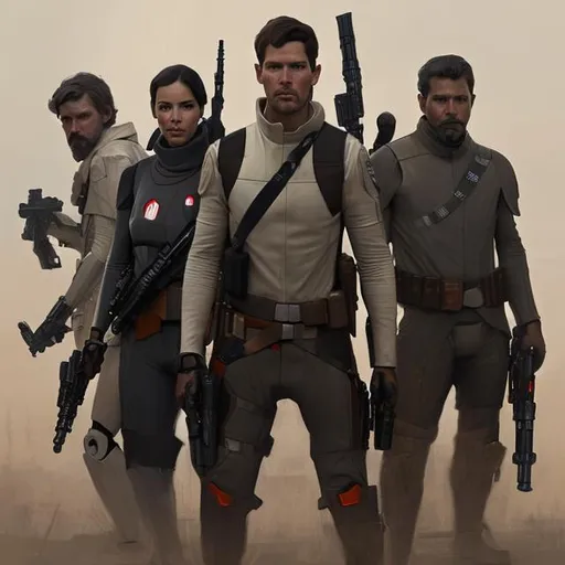 Prompt: digital portrait by greg rutkowski, intricate, soft focus, highly detailed, cinematic, epic, artstation about a squad of star wars rebels who operate as a mission: impossible style team