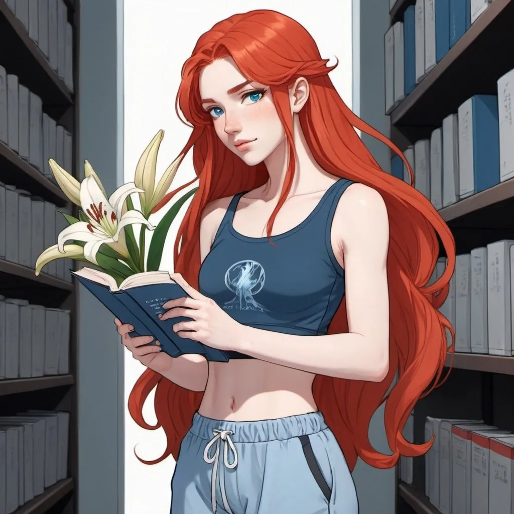 Prompt: a cartoon girl with long red hair with white lily in hair and blue eyes wearing a crop top and sweatpants, book in her hand, melkor manson, sakimi chan, an anime drawing, computer art Negative prompt