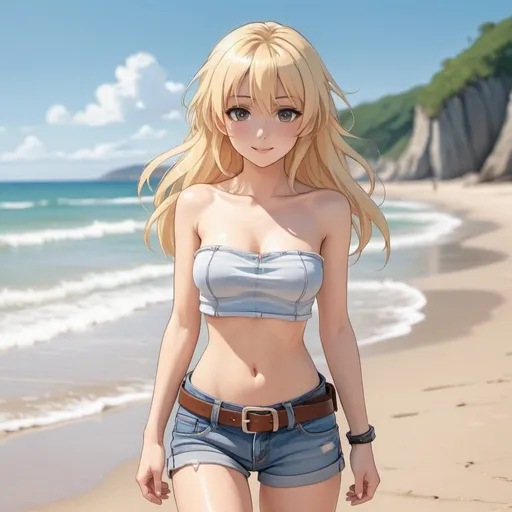 Prompt: a anime style blonde girl cute with no shirt and jeans wearing a belt full body on a beach having fun