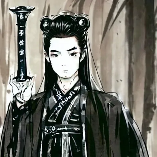 Prompt: An all-black samurai wearing all black; his sword is black, he has long hair, and a black katana.