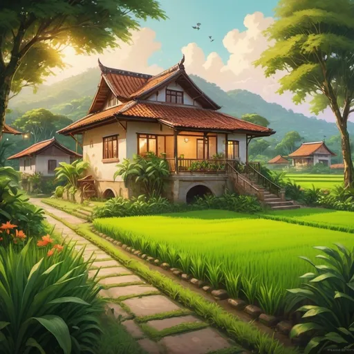 Prompt: Cozy rural house in the middle of lush rice fields, vibrant greenery, charming garden with mini zoo, high quality, detailed painting, countryside, warm tones, idyllic setting, detailed architecture, peaceful atmosphere, rural landscape, traditional, cozy garden, mini zoo, vibrant green, detailed painting, warm lighting
