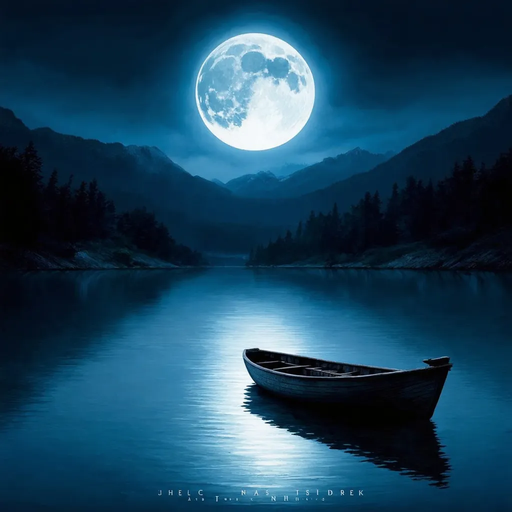 Prompt: Create a semi-realistic album cover featuring a serene, moonlit lake surrounded by nature, viewed from a higher vantage point above the water. A large, luminous full moon dominates the night sky, casting its glow across the calm water. The scene includes distant, mist-covered mountains that add a sense of adventure and mystery. A small, empty wooden boat is floating further away on the lake, emphasizing solitude and a distant journey. The color scheme should focus on deep blues with subtle hints of red, and touches of silver to highlight the moon. The overall mood should evoke introspection, melancholy, and longing, with no text included.