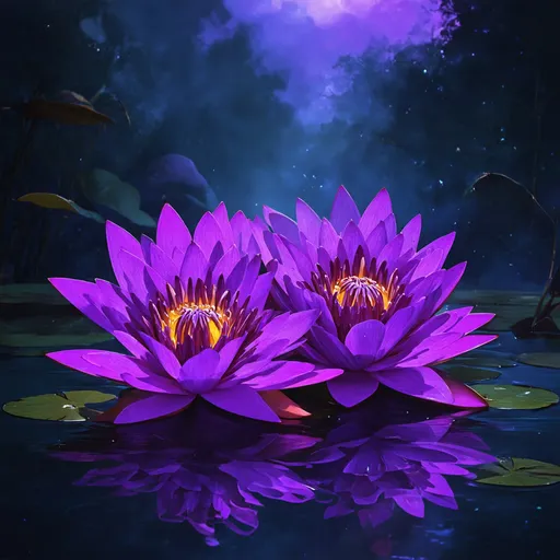 Prompt: Three radiant purple water lilies floating on a mystical, glowing water surface. The lilies emit a deep, vibrant purple hue, with their petals intricately detailed and slightly luminescent. The scene is rich in fantasy elements, with swirling mists and a dreamlike atmosphere. The background features an otherworldly landscape bathed in twilight, with deep purples and soft blues, creating a cinematic, surreal environment that feels both mysterious and enchanting.