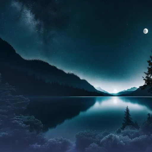 Prompt: lake at night, mystical, nature, mountain with forest, full moon, UHD, 4K, ultra high quality, dark blue, dark, cold, grey, super realistic