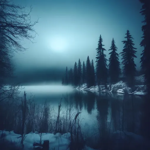 Prompt: lake at night, mystical, mist, snow, death